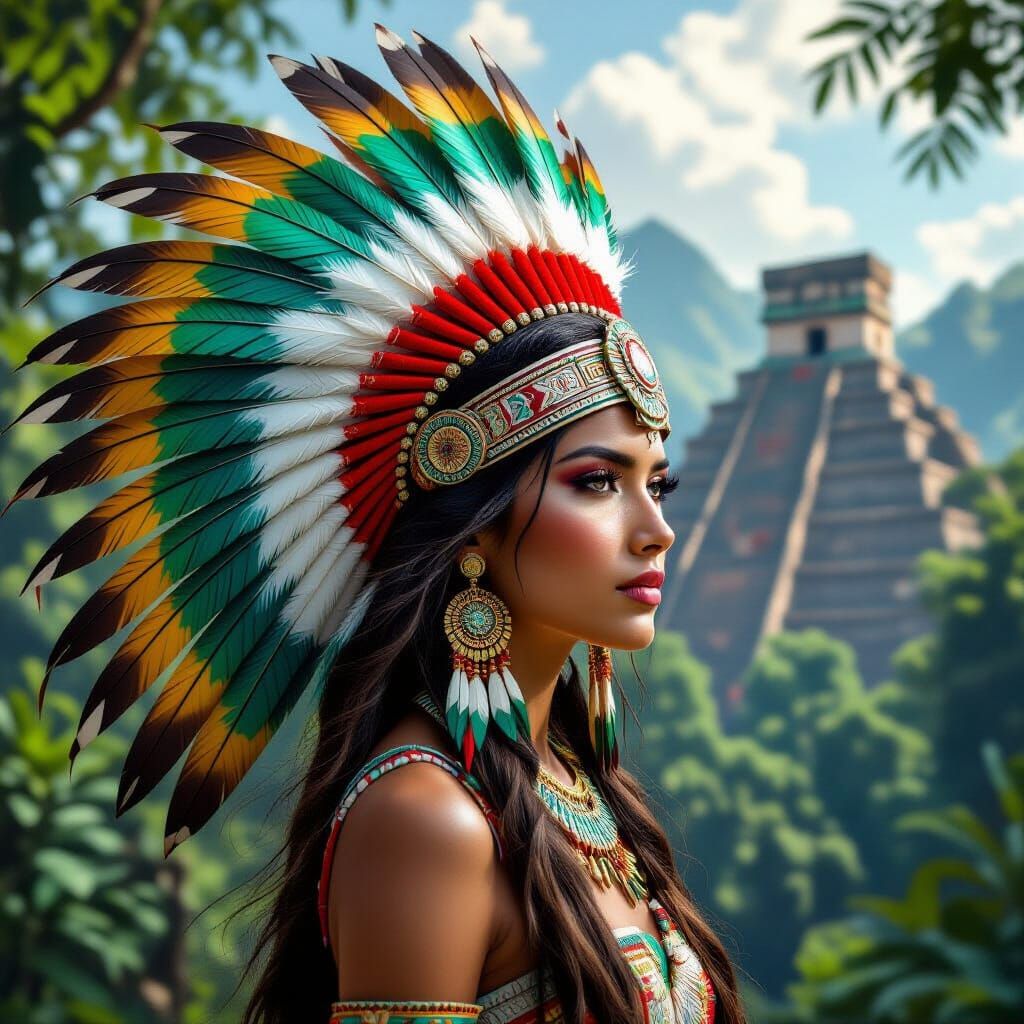 Aztec Princess with Quetzal Headdress, Hyperrealistic Portra...