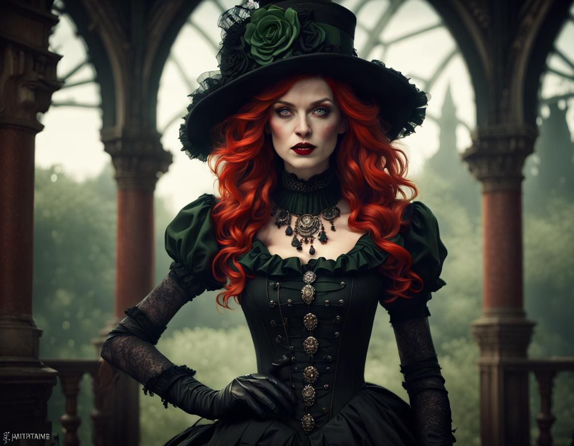 Beautiful Redhead in Gothic Tudor Dress, Detailed Digital Ar...