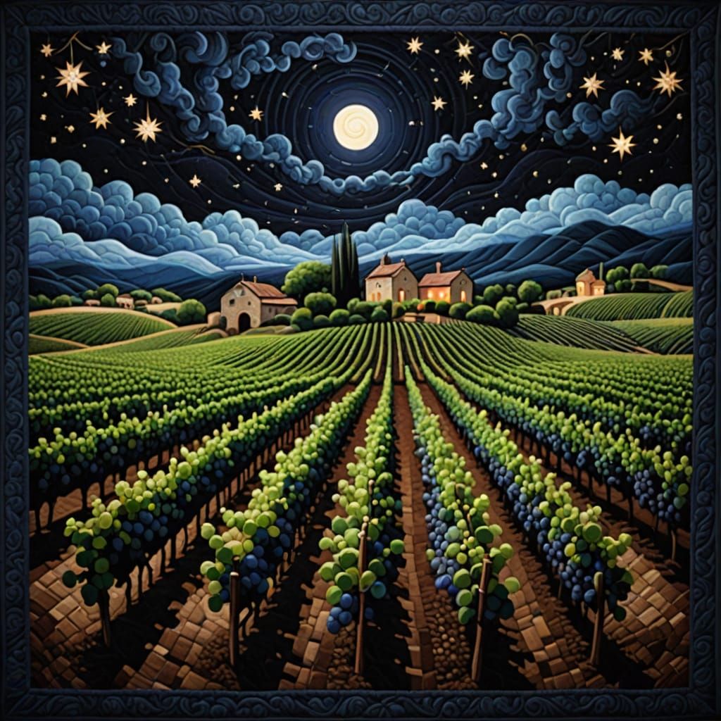 Hyperrealistic Quilt Captures Vineyard Night Scene