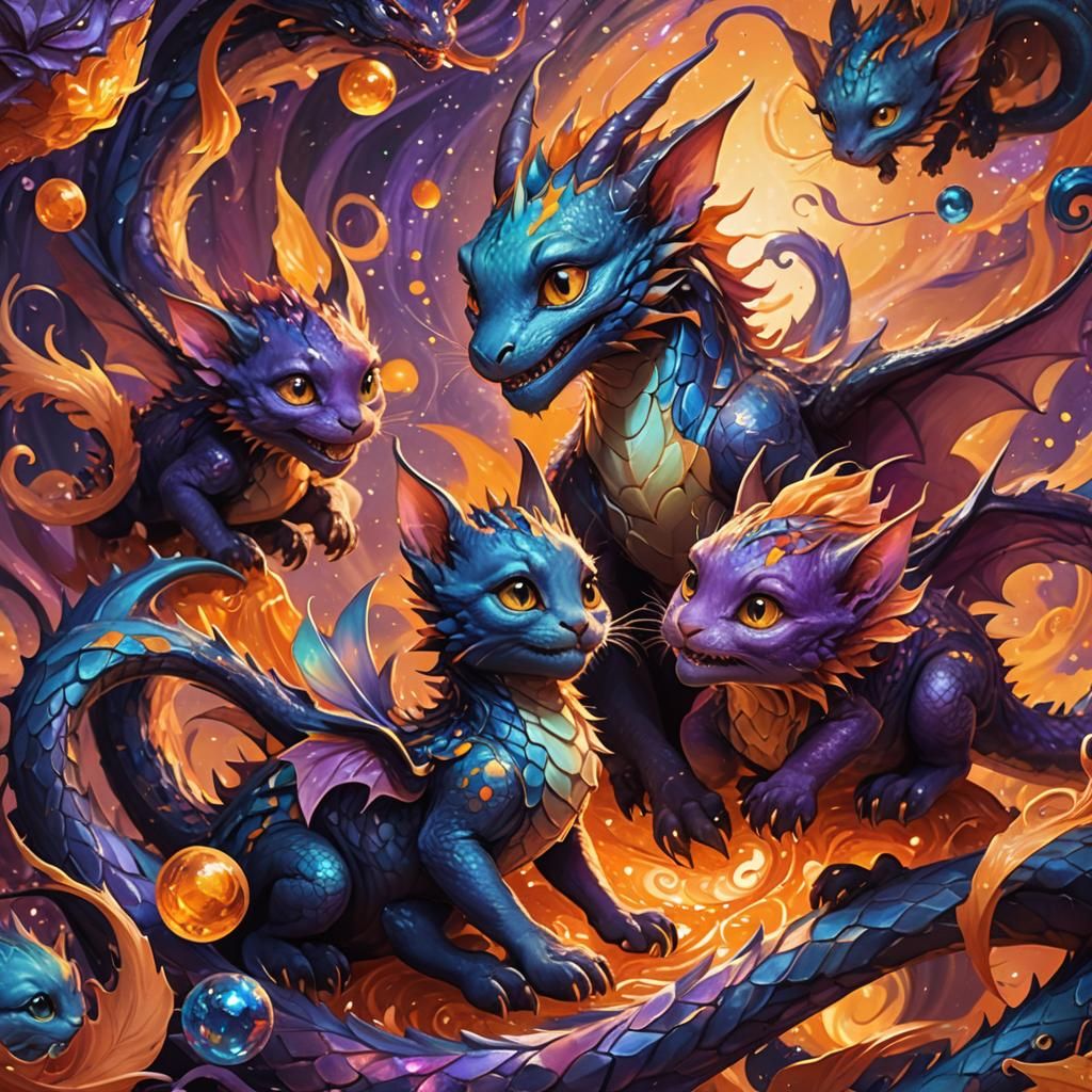 Baby Dragons and Kittens in Iridescent Void