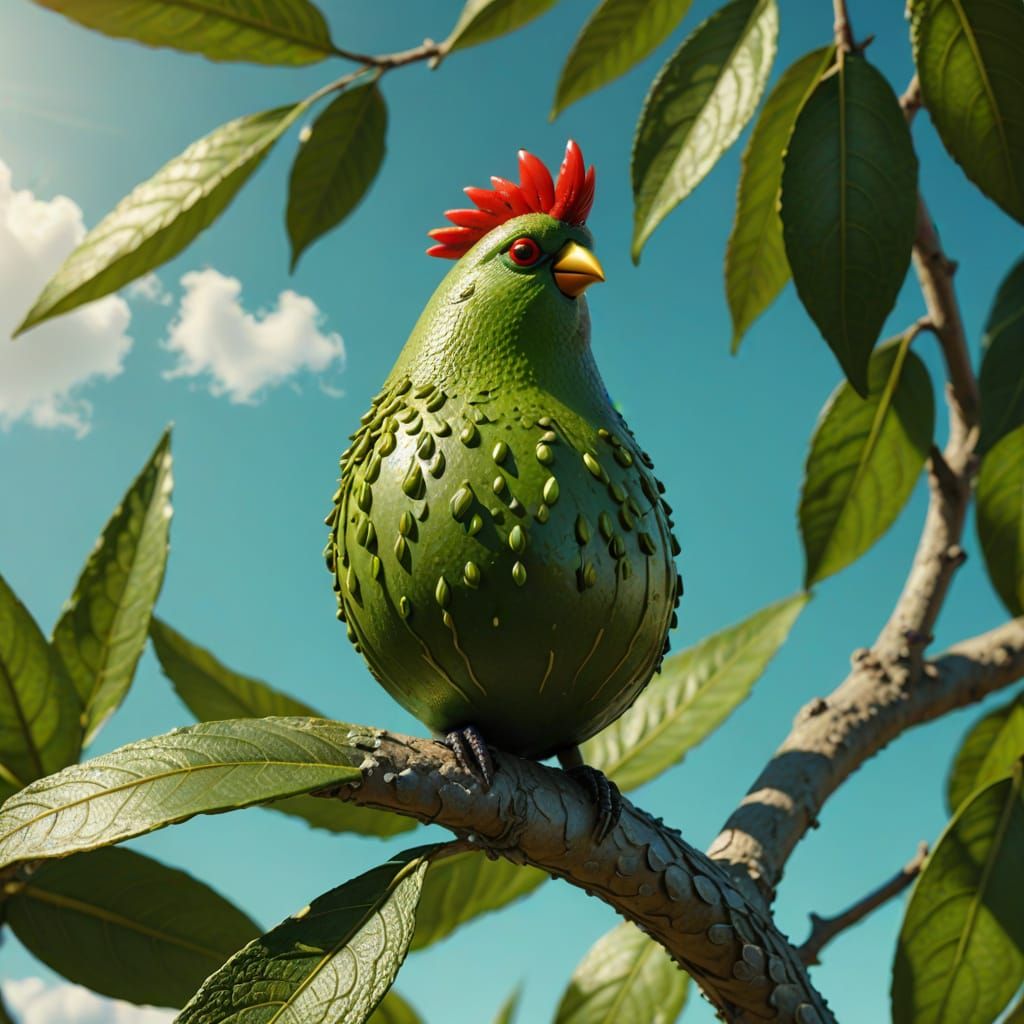 Avocado With Cardinal Wings on Branch in Surreal Style