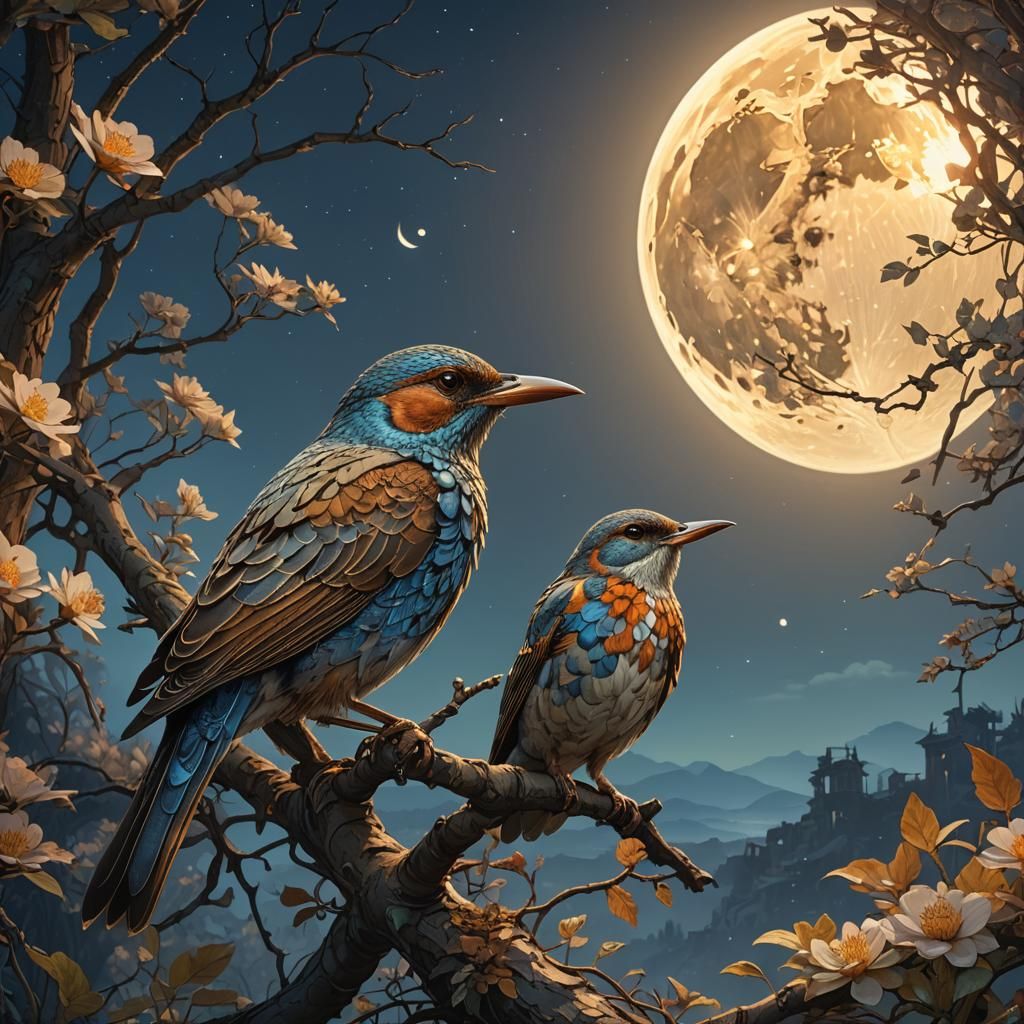 stunning hyperdetailed Bird under the full moon light at daw...