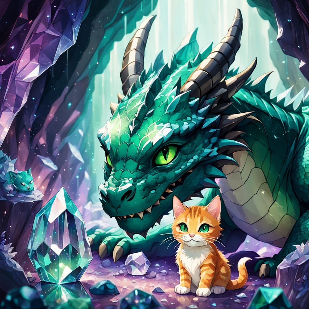 Dragon and Kitten in Crystal Cave, Studio Ghibli Style