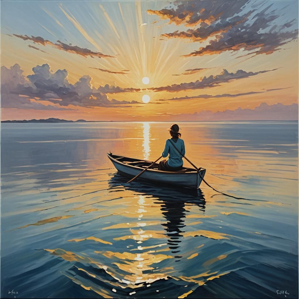 Sunrise Seascape: Woman on Boat in Acrylic Oil Style