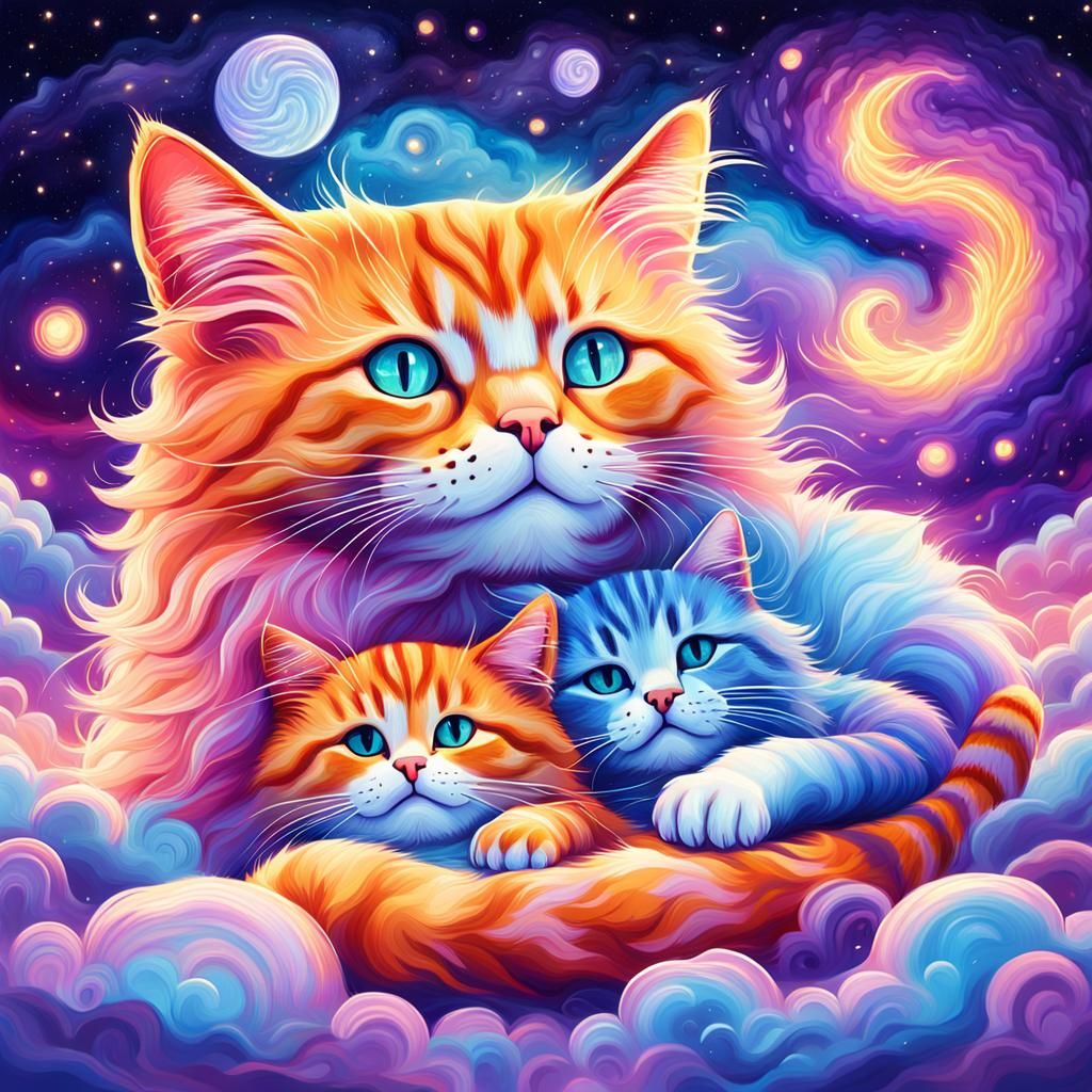 Whimsical Feline Cosmic Friends in Vibrant Astral Colors