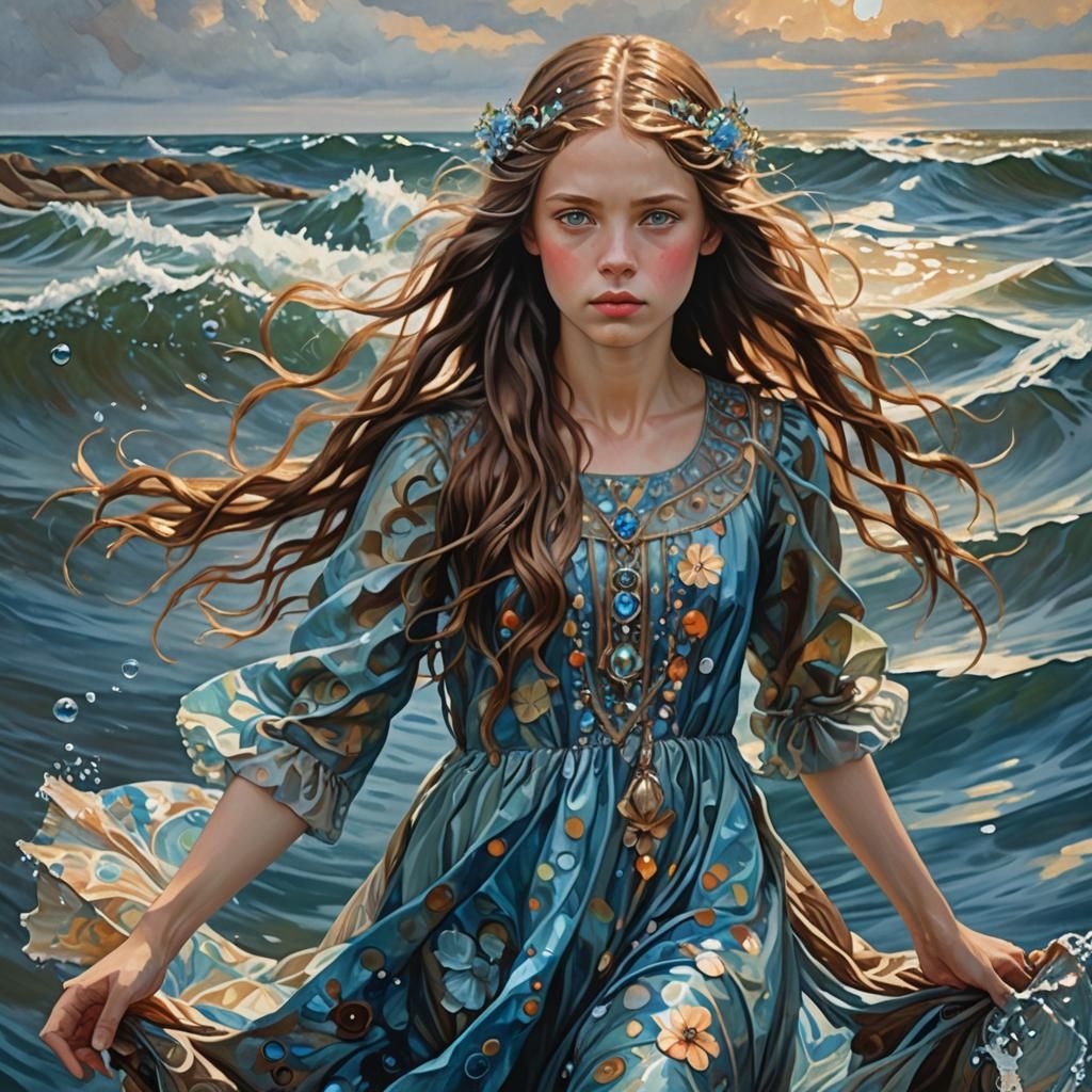 Surreal Girl Walking on Water in Art Nouveau Style