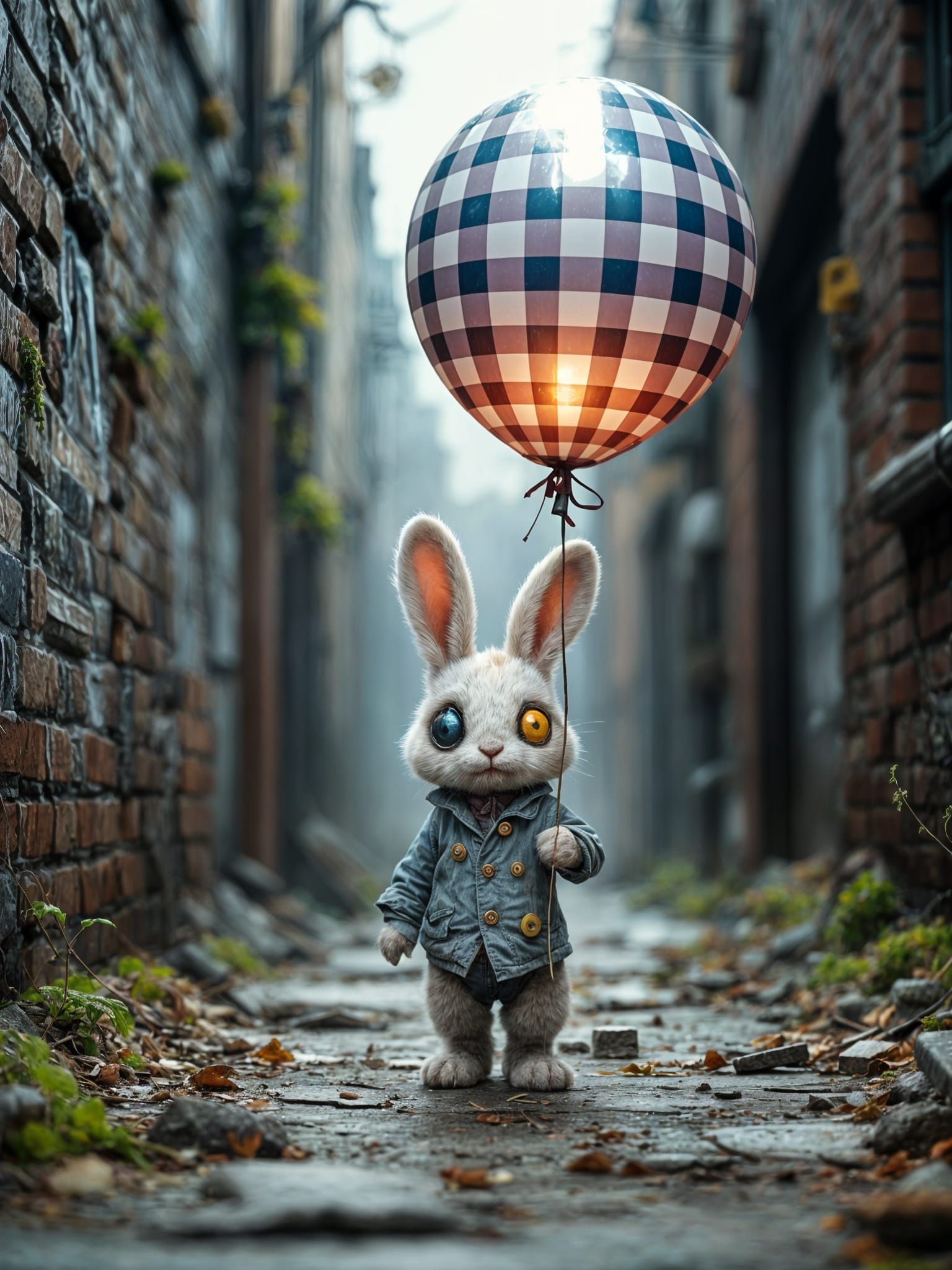 Forgotten Rabbit Holds onto Vibrant Gingham Balloon in Aband...