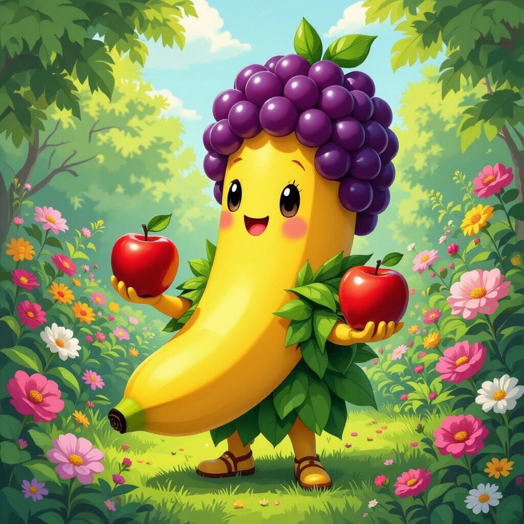 Whimsical Banana Character in a Lush Garden