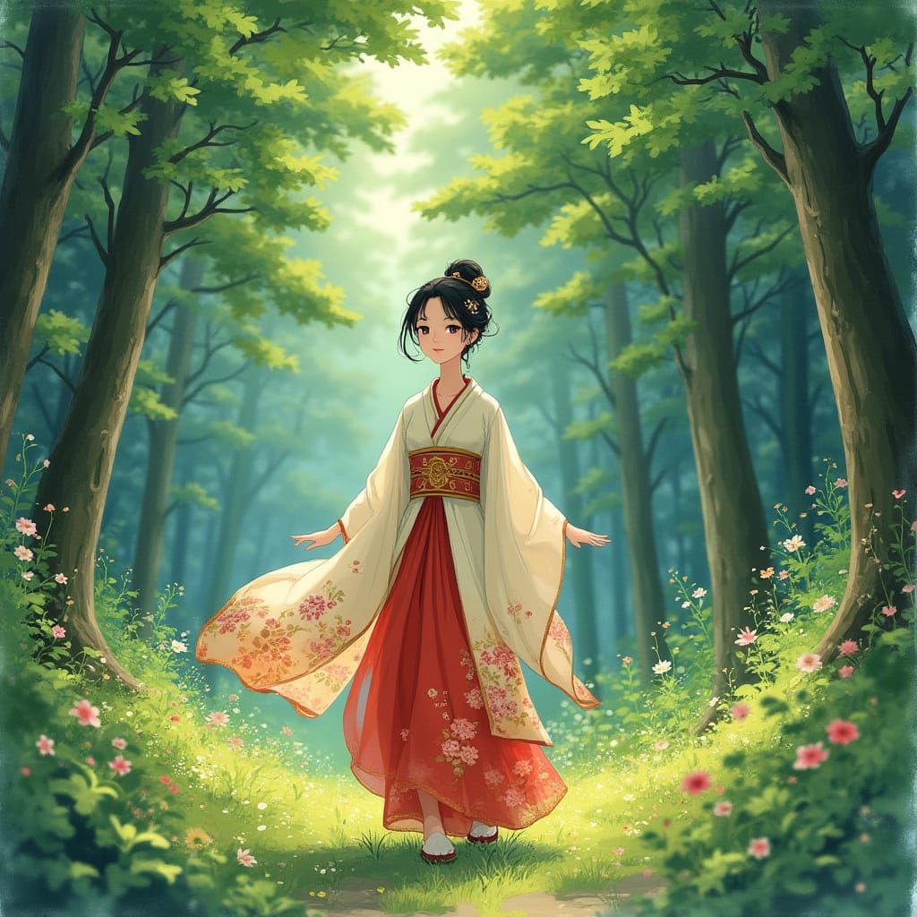 Serenely Adorned Hanfu Lady in Vibrant Whimsical Woods