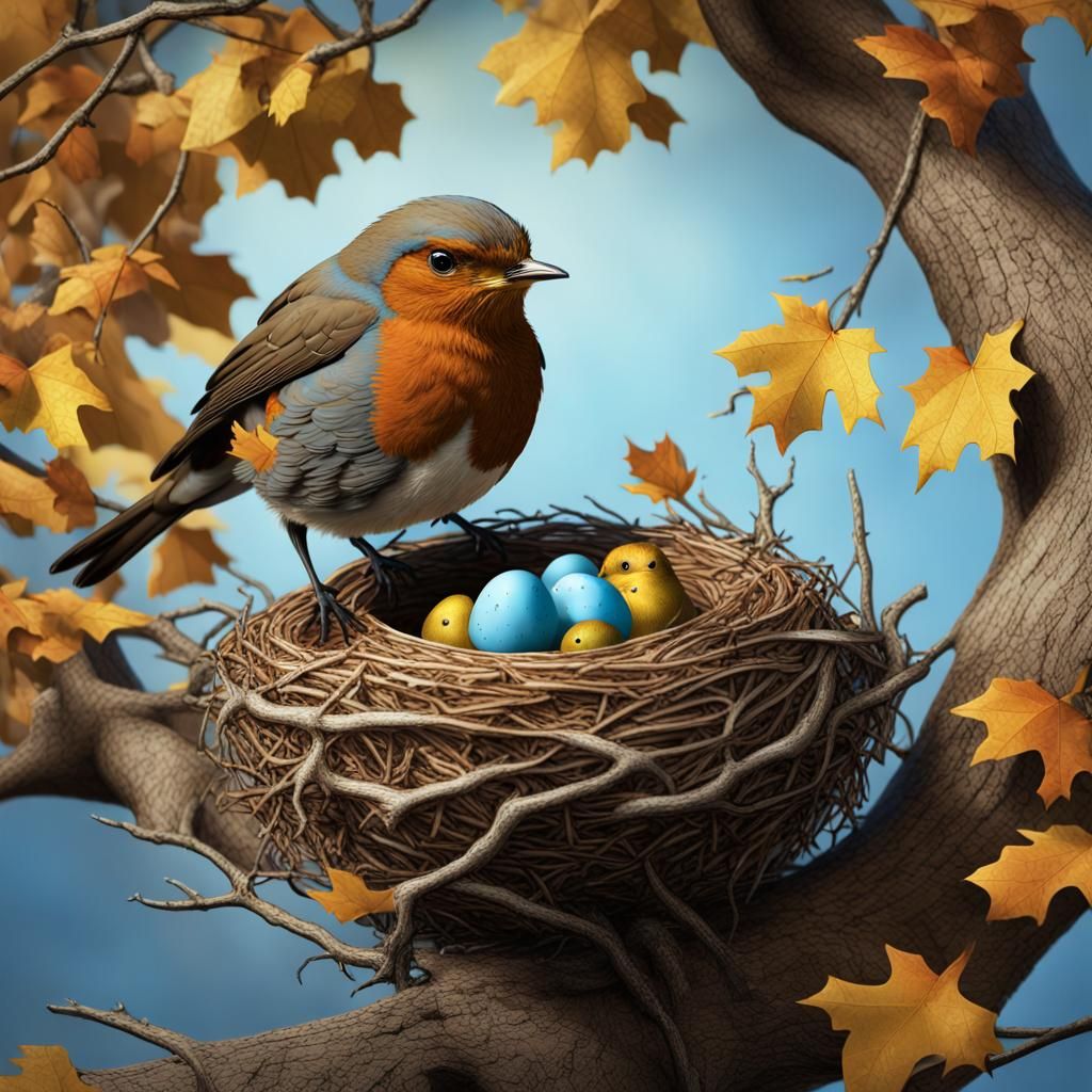 Photorealistic Robin Family in Autumnal Oak Tree