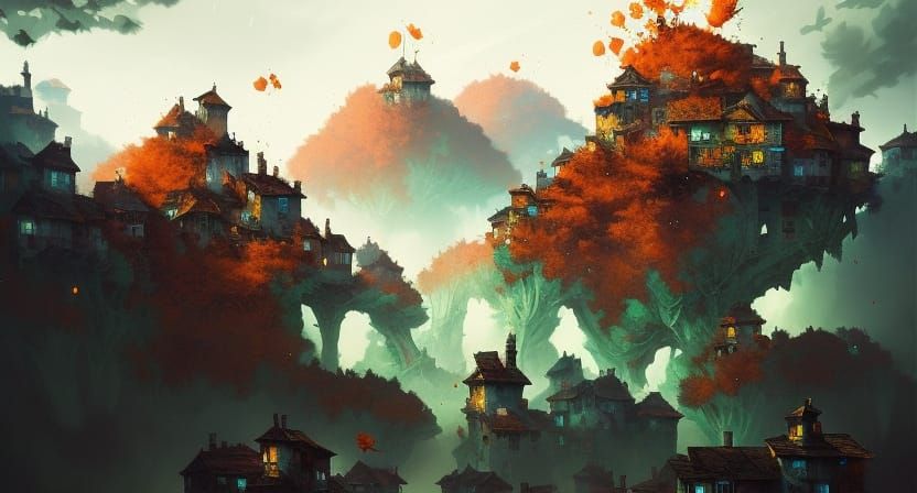 Gorgon Attacks Village: Vivid Digital Illustration