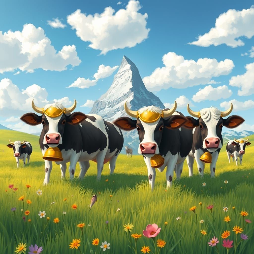Whimsical Cows With Golden Bells in Alpine Meadow
