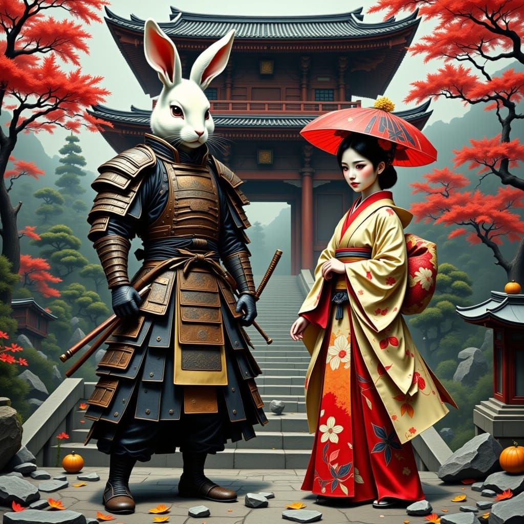 Bunny Samurai and Geisha in Traditional Japanese Setting