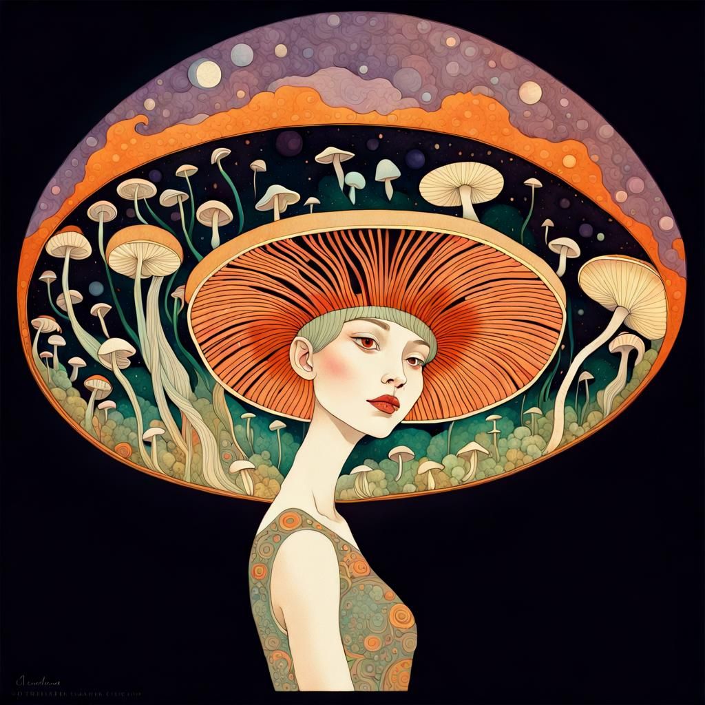 Aurora Mushroom with Ornate Moon, Dreamy Art Style