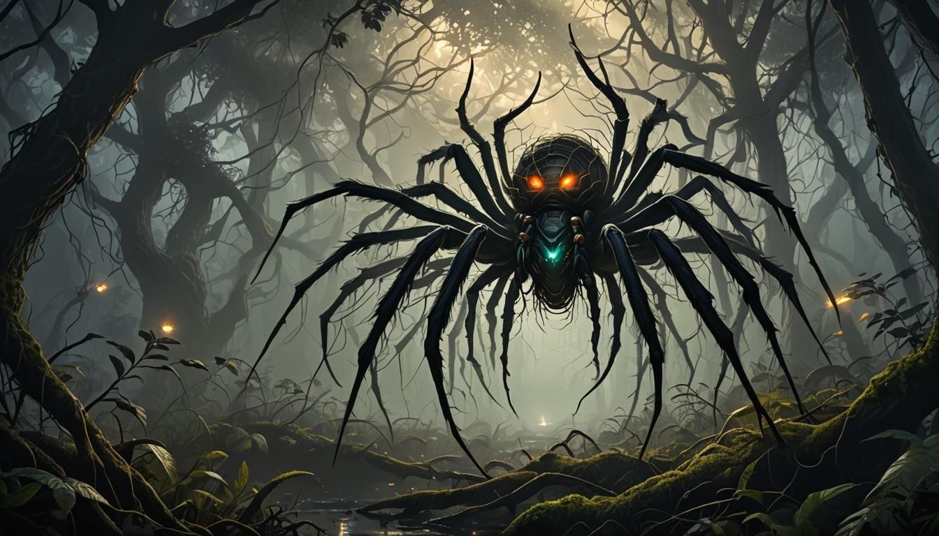 Giant Spiders in Web-Covered Forest: Fantasy Concept Art