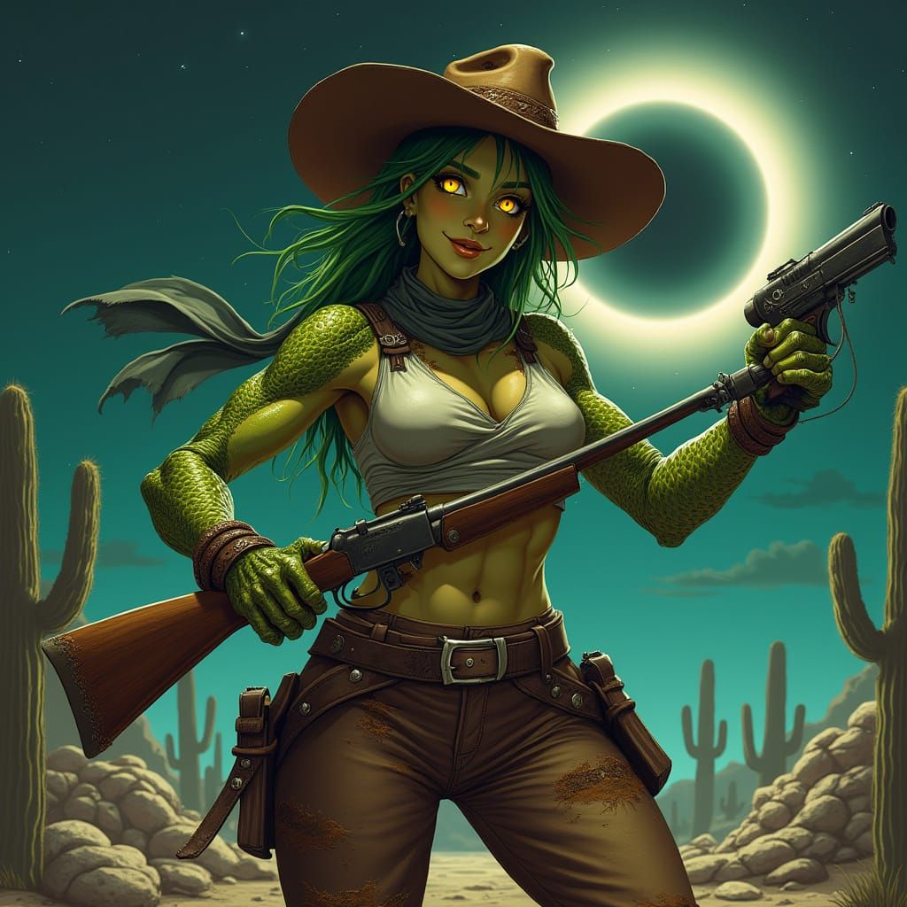 Dark Fantasy Gunslinger with Reptilian Features in a Surreal...