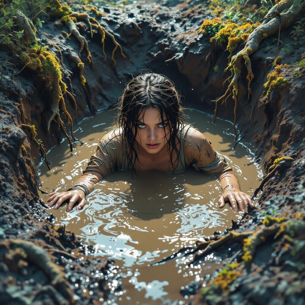 Woman Sinking in Viscous Mud Pit Matte Painting