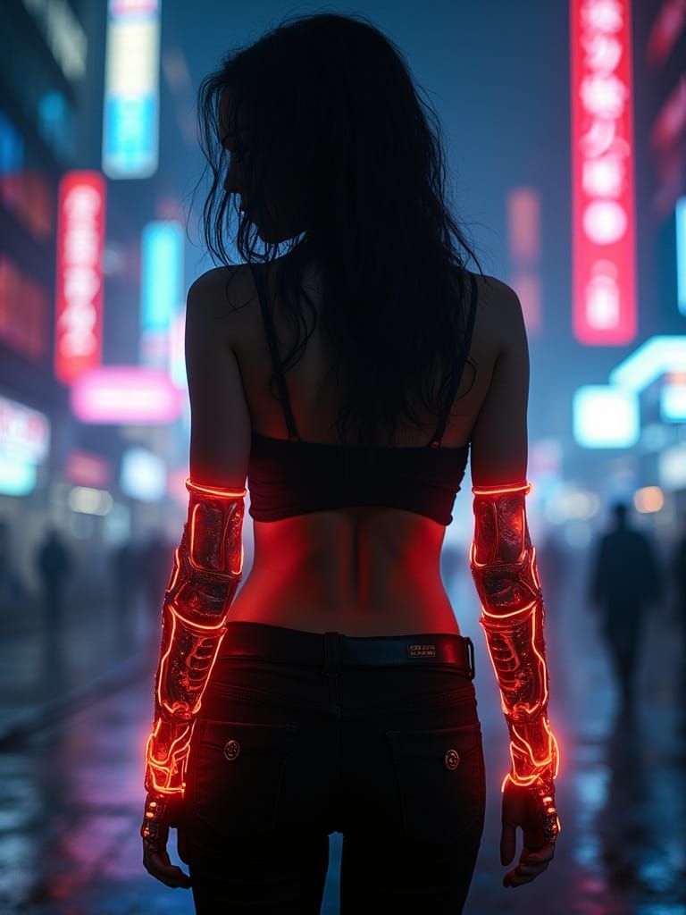 Seductive Woman with Cybernetic Arms in Neon City