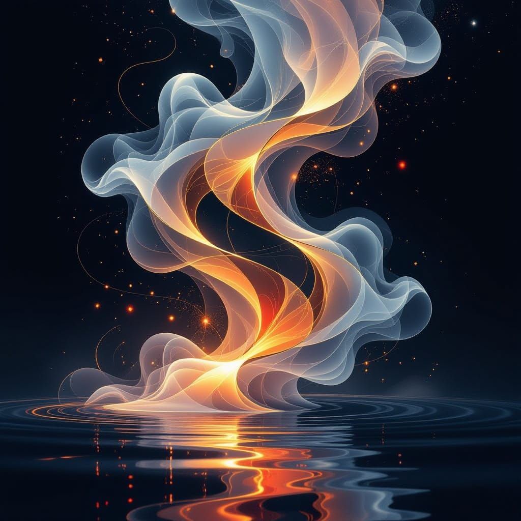 Dynamic Abstract Art with Golden Lines and Silver Smoke