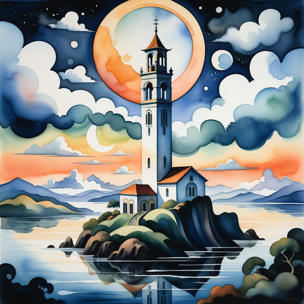 Surreal Clock Tower Landscape in Watercolor