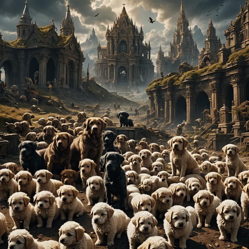 Angelic Puppies in Epic Landscape Digital Painting