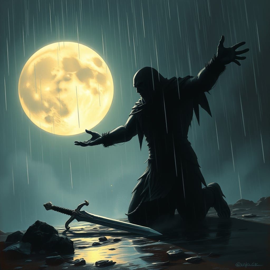Ominous Barbarian Invocation Under Moonlit Storm
