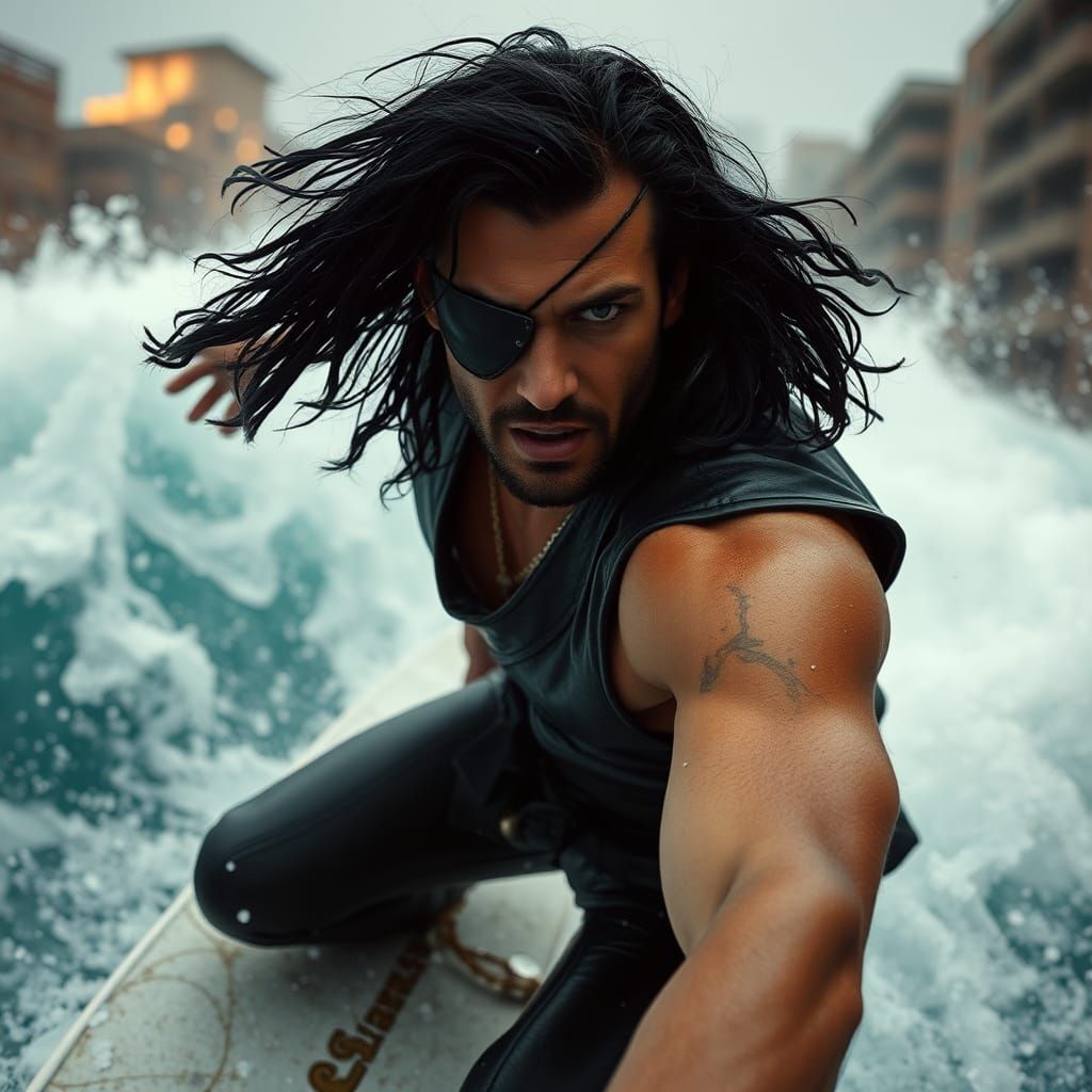 Dystopian Surf Escape: Action-Packed Cinematic Scene