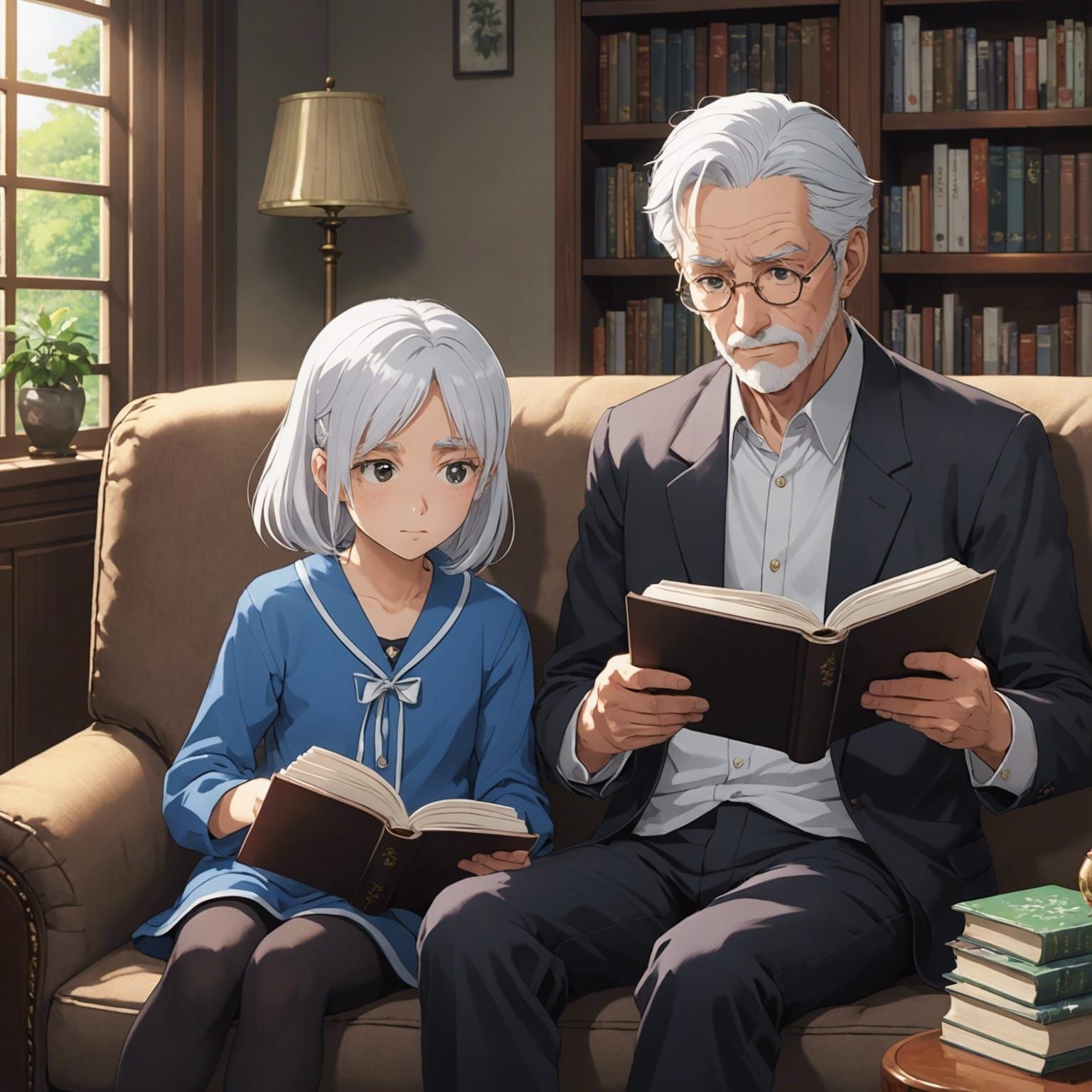 Anime Style: Grandfather and Granddaughter Reading