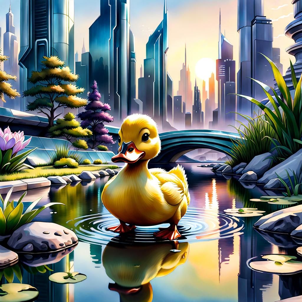 Robotic Duck in Futuristic City, Digital Art