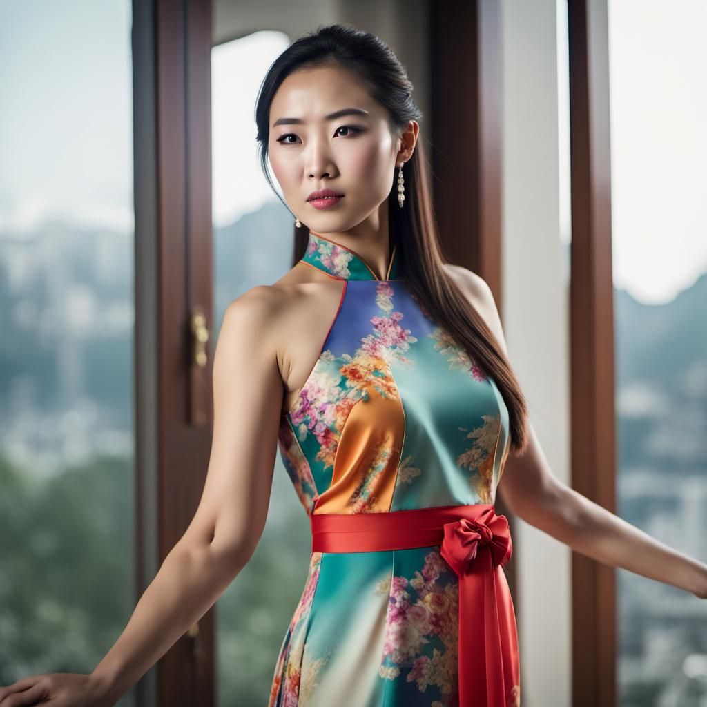 Beautiful Chinese Woman in Flowing Asian Dress