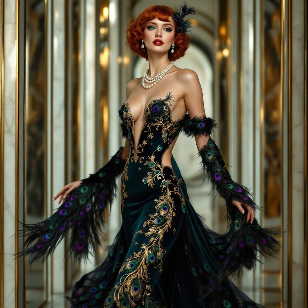 Art Deco Redhead in Peacock Gown
