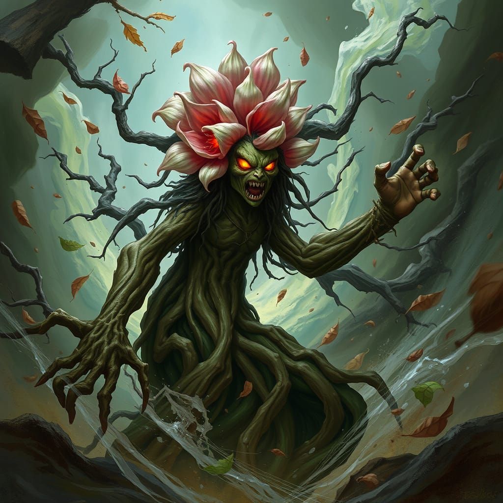 Furious Forest Spirit in Dark Mystical Realism Style