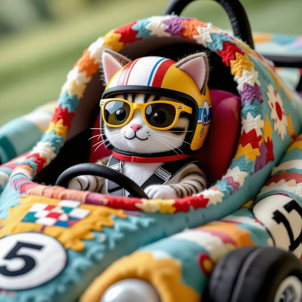 Cat Race Car Cockpit in Felt Children's Book Style