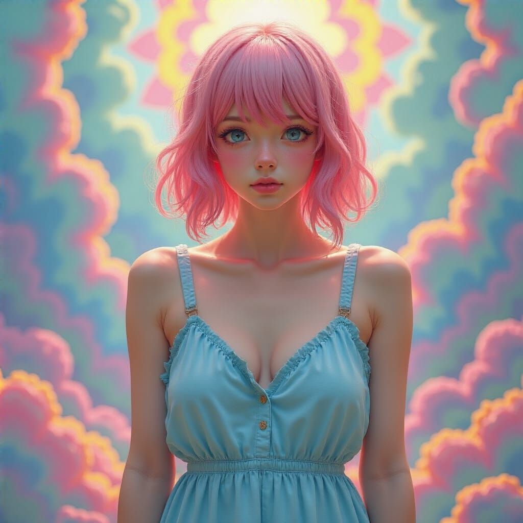 Anime Woman in Pastel Colors with Psychedelic Backdrop