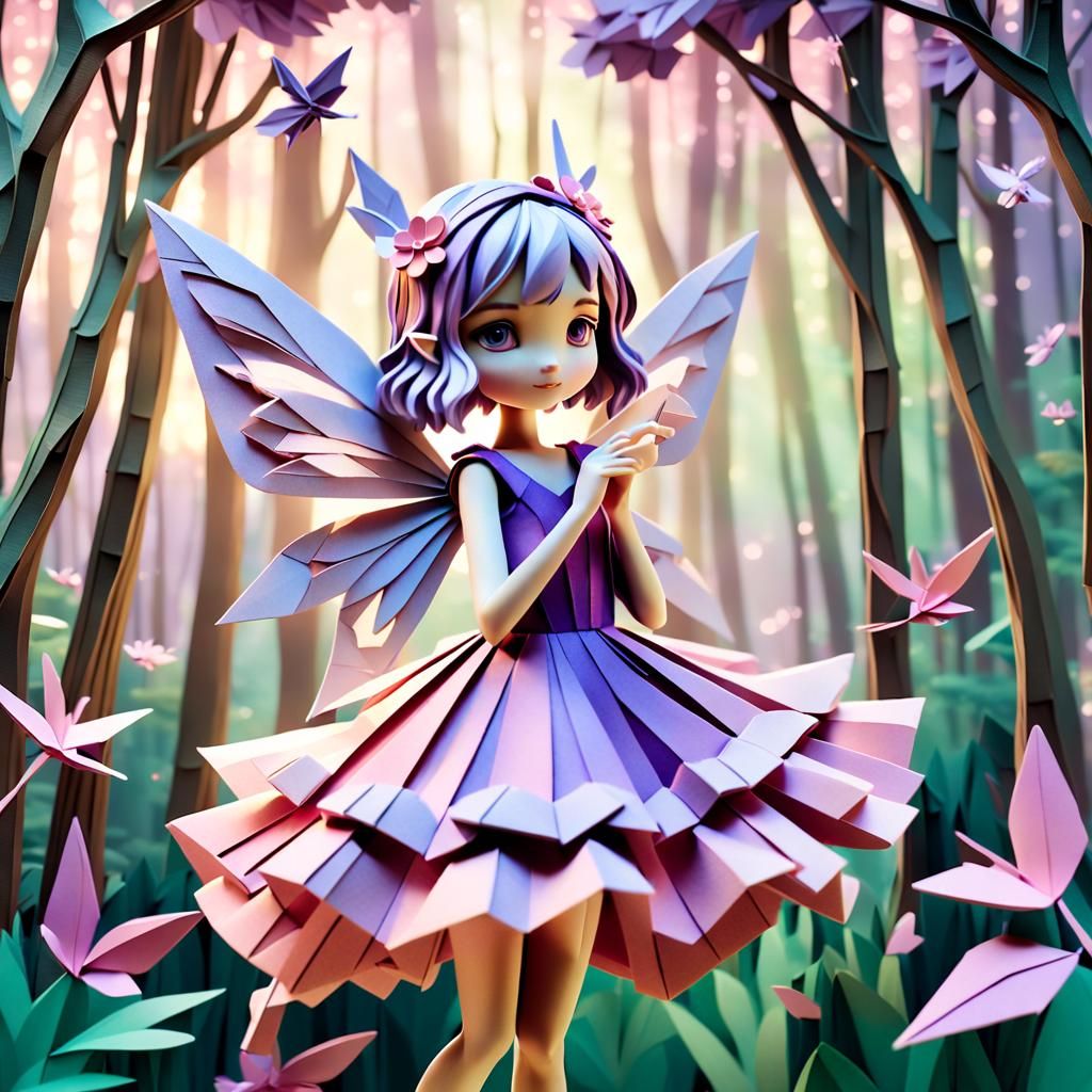 Delicate Origami Fairy in Lush Woods Papercraft Art
