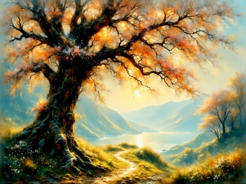 Majestic Flowering Maple Tree in Ethereal Seascape