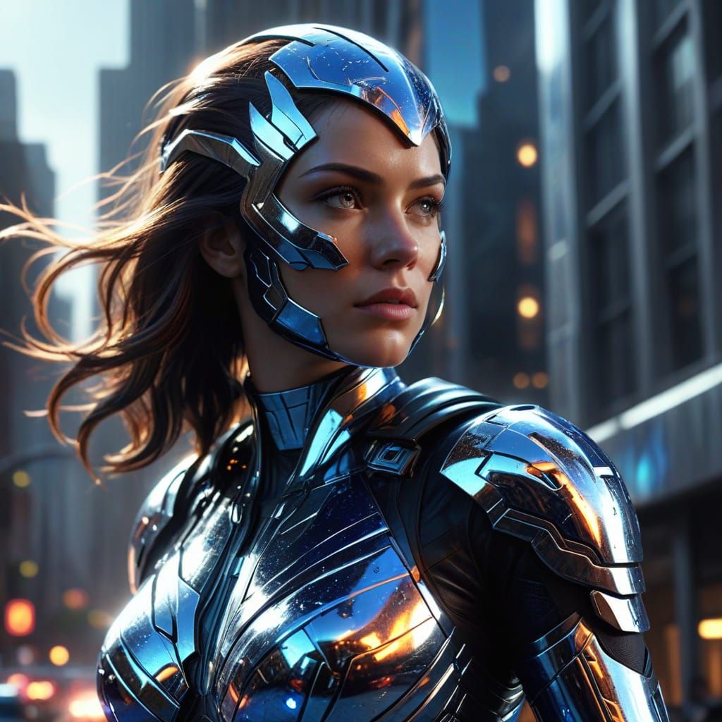 Superheroine in Chrome Uniform Saves City