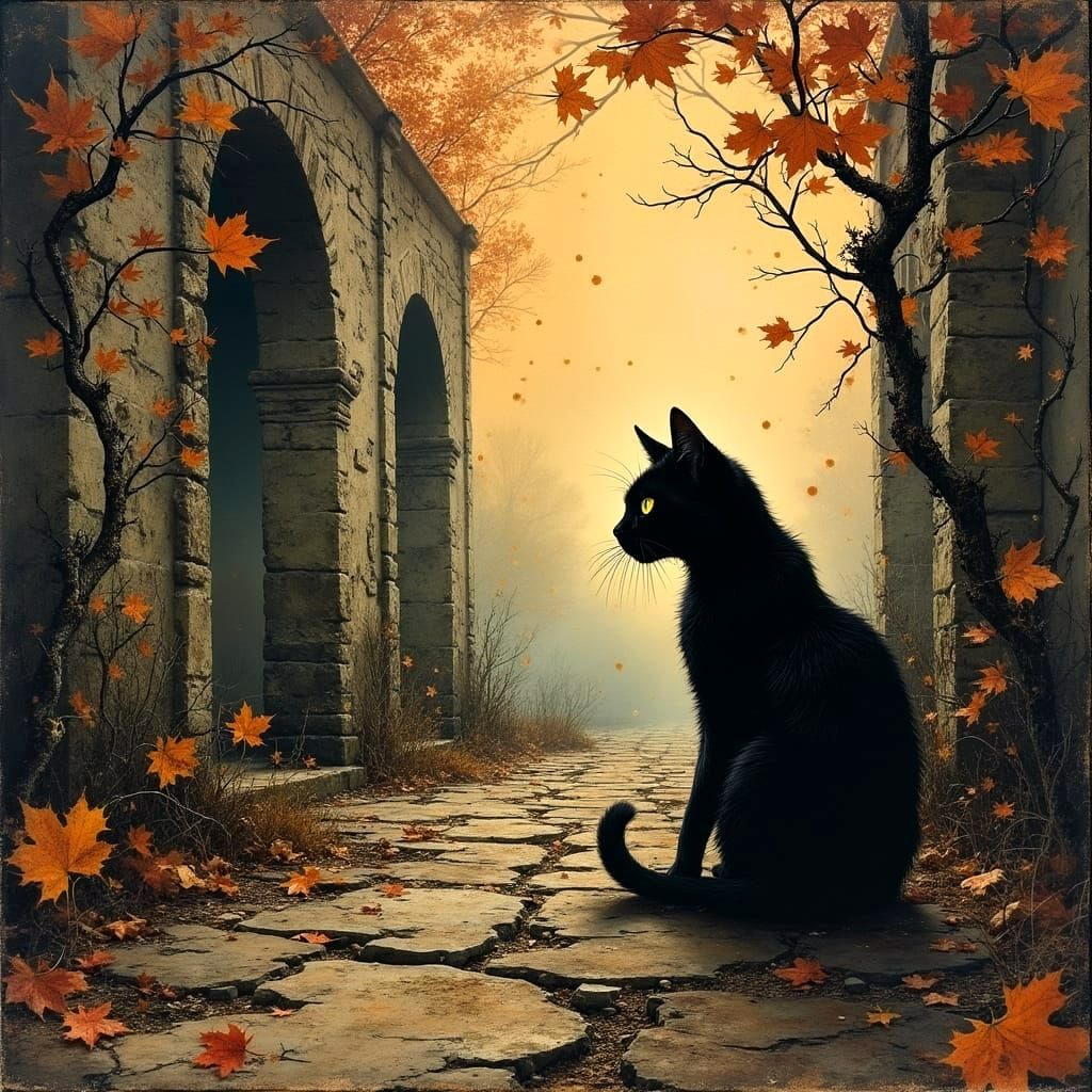 Black Cat in Autumn Alleyway Oil Painting