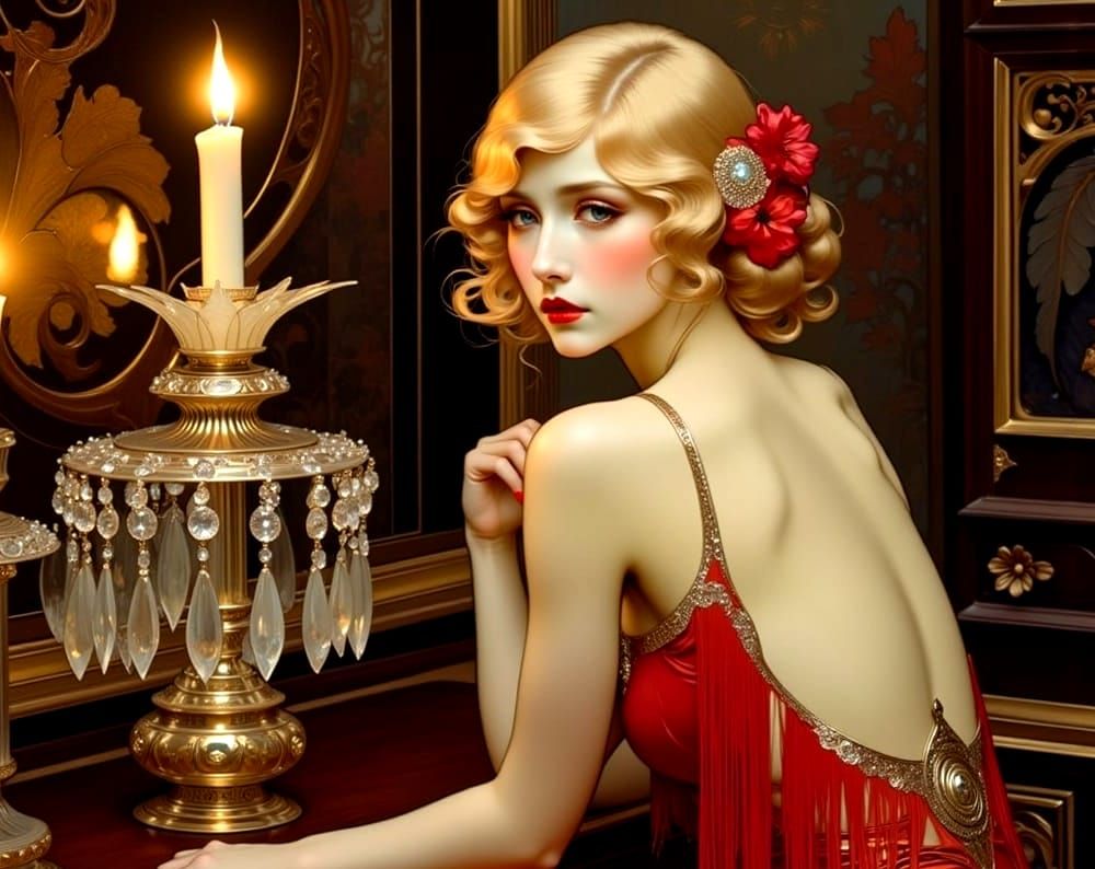 Art Nouveau Woman in Red Dress with Crystal Lamp