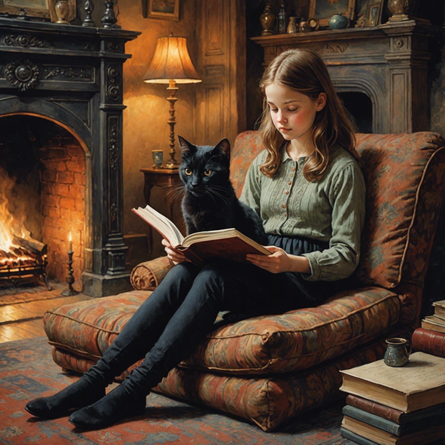 Cozy Girl Reading Book by Fireplace