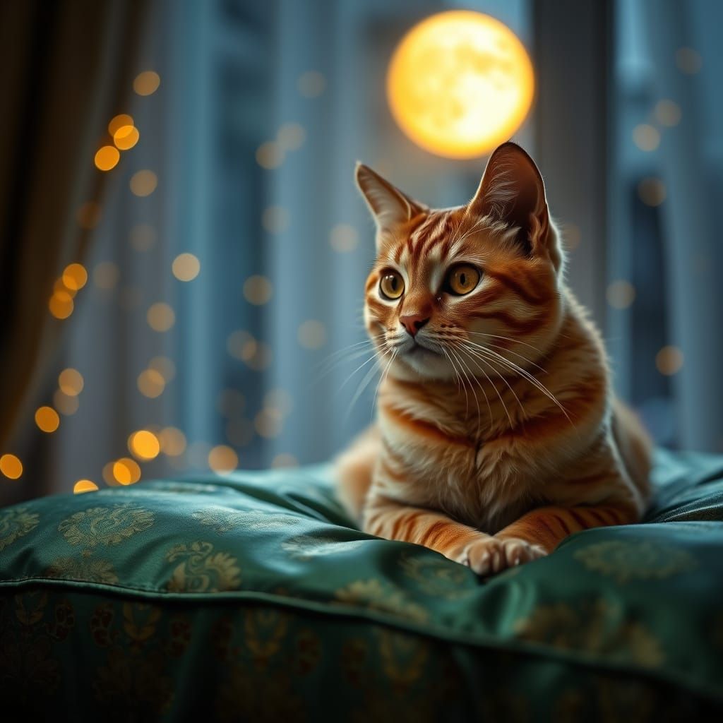 Enchanted Tabby Cat on Green Silk Pillow