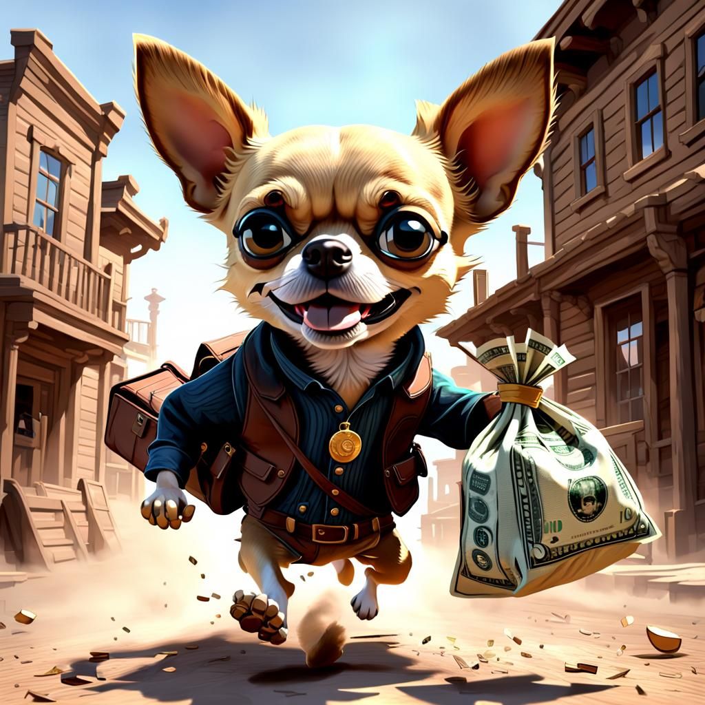 Chihuahua Bandit Running from Bank in Old West, 3D Render