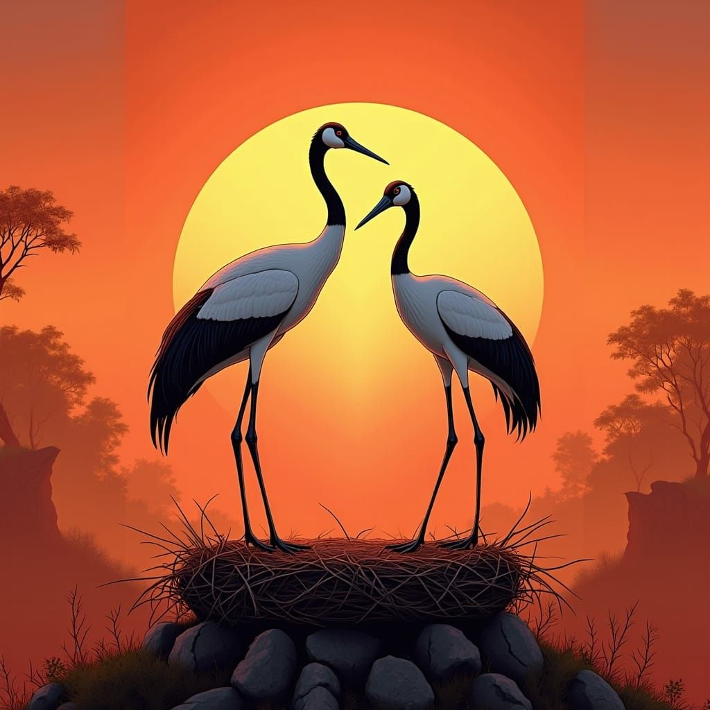 Cranes Nest at Sunset: An Oil Painting