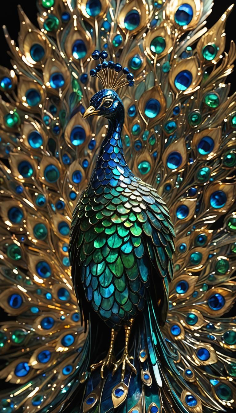 Iridescent Stained Glass Peacock Sculpture