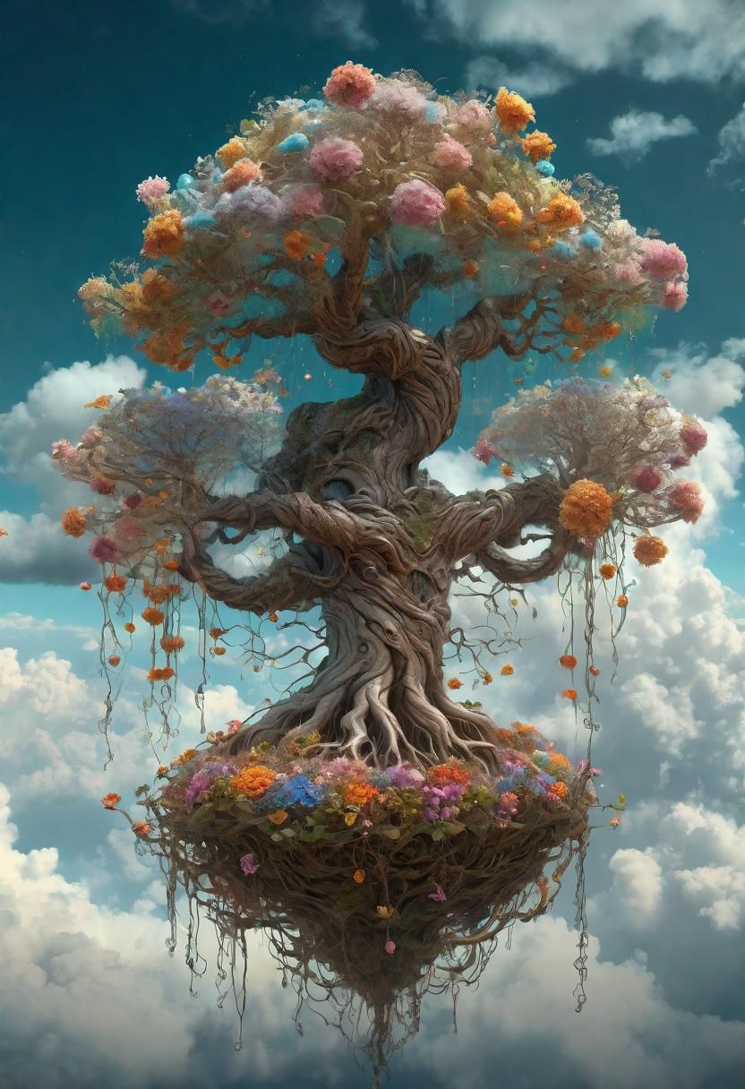 Magical Floating Tree with Flowers in the Clouds