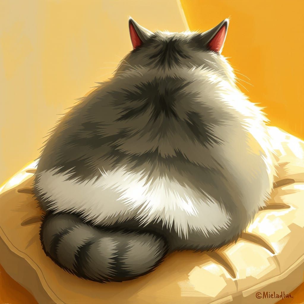 Whimsical Plump Cat with a Fluffy Rump in Warm Lighting