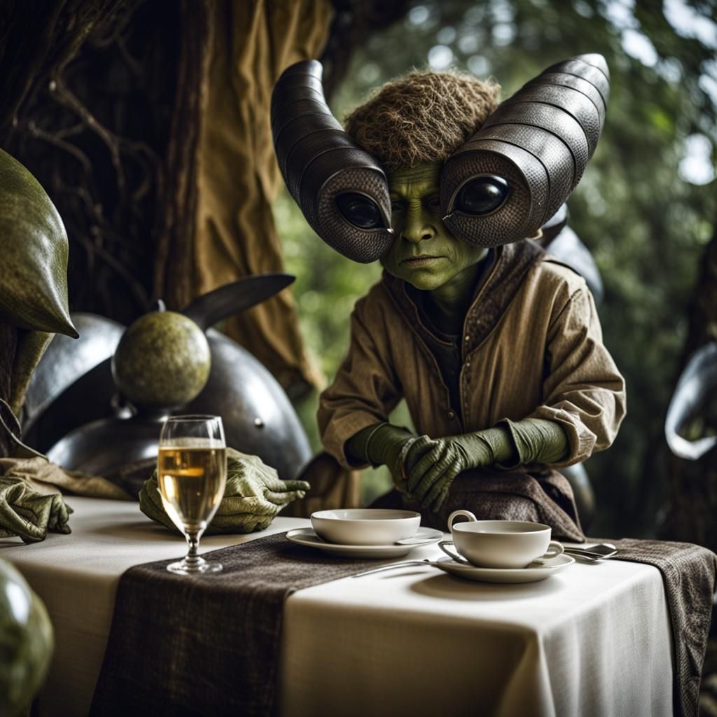 Exotic Alien Celebration in Surreal Restaurant