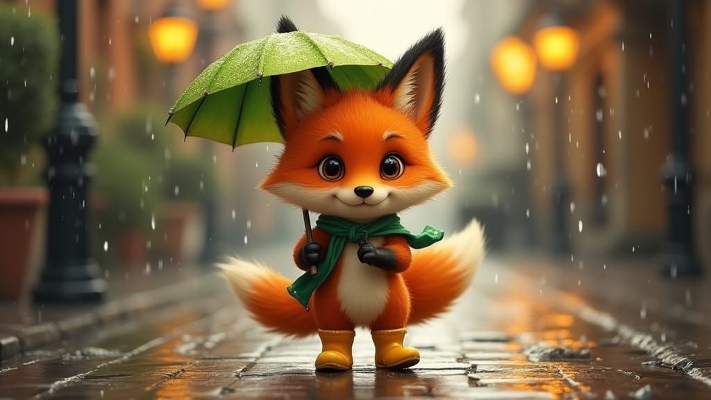 Anthropomorphic Red Fox in Rainy Street Scene