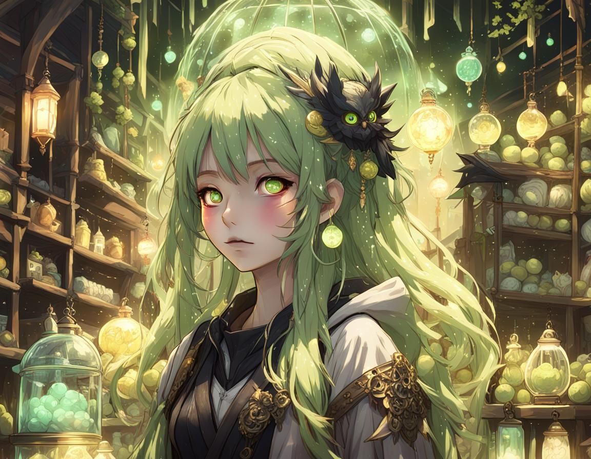 Anime Girl in Fantasy Market with Owl