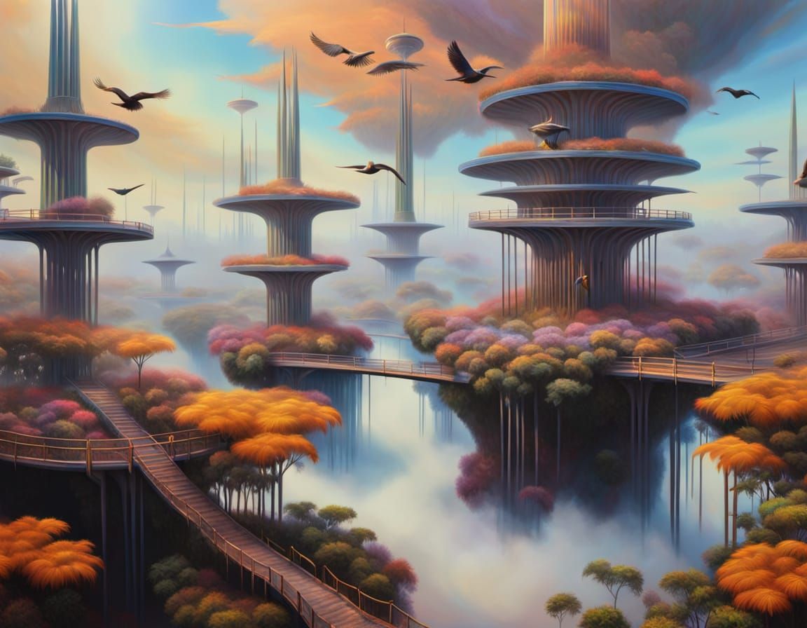 Colorful Extradimensional Garden with Birds: HDR Oil Paintin...